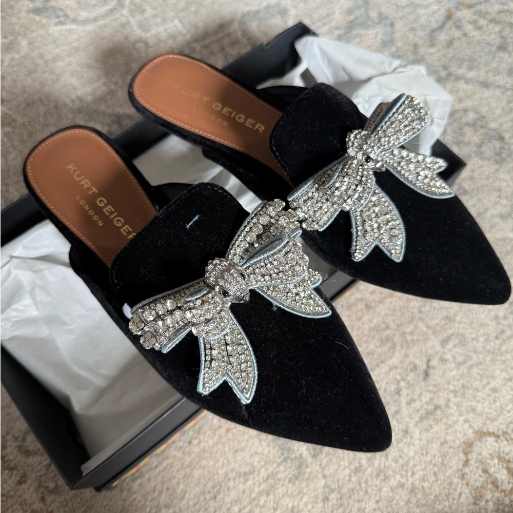 Kurt Geiger Black Mules with Silver Bow Embellishments